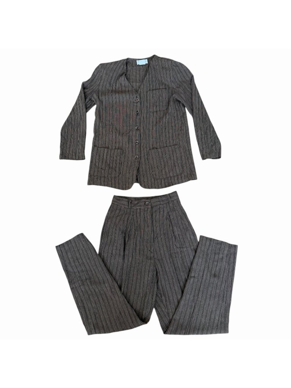 SAMANTHA DAVID Women's Brown Striped 2 pc Suit Jacket Blazer Pants Set SMALL VTG